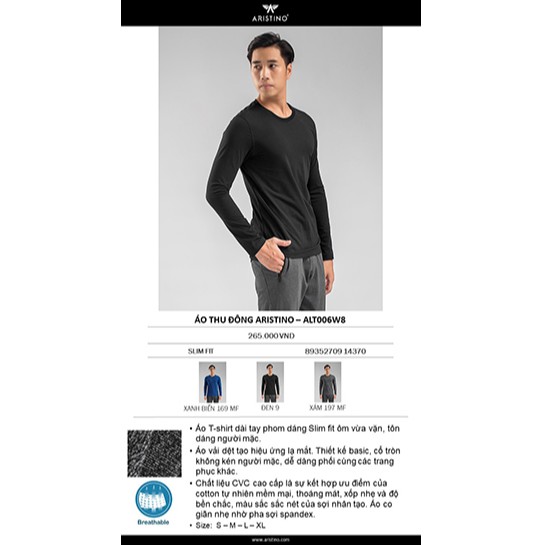 Áo thun dài tay, áo thu đông, cổ tròn nam⚡ARISTINO⚡ màu trắng,mềm mại, dễ chịu, thoáng mát, thấm hút mồ hôi-ALT006W8 | BigBuy360 - bigbuy360.vn