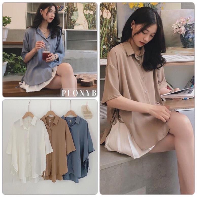 [NEW] Áo Sơ Mi Vạt Bầu Buộc Dây Hông Kiểu Form Rộng Tay Lỡ Hàn Quốc Ulzzang( Hàng Sẵn)