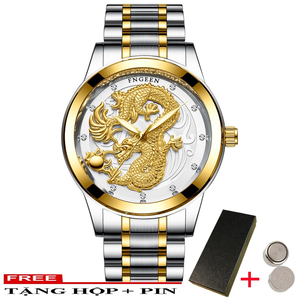 Đồng Hồ Nam FNGEEN Mặt Rồng 3D Phiên Bản Doanh Nhân Dây Thép Không Gỉ Cao Cấp