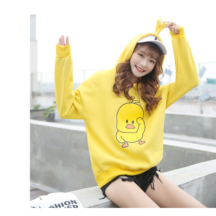 Áo Khoác Sweater Phối Nhung Dày In Hình Chú Vịt Vàng Dễ Thương Cho Nữ Sinh