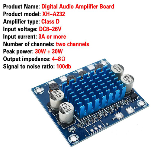 Bảng mạch khuếch đại công suất âm thanh nổi kỹ thuật số TPA3110 XH-A232 30W+30W kênh 2.0 DC 8-26V 3A C6-001