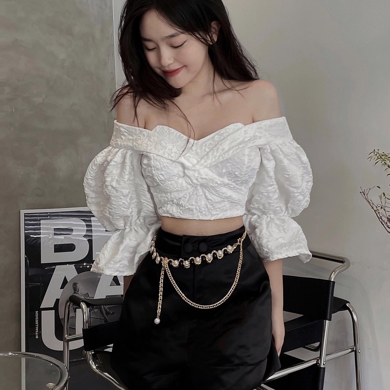 THE FANCE | Áo croptop trễ vai gấm vân hoa nổi 2 kiểu mang COTTON CLOUDY