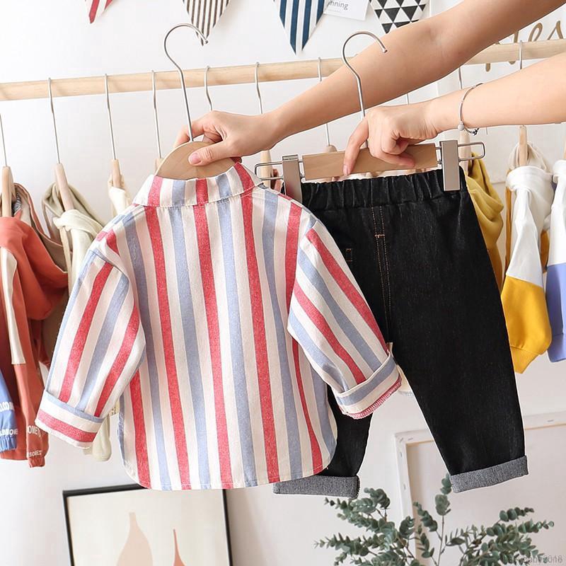 Bộ áo thun dài tay kẻ sọc + quần dài in hoạt hình cho bé trai