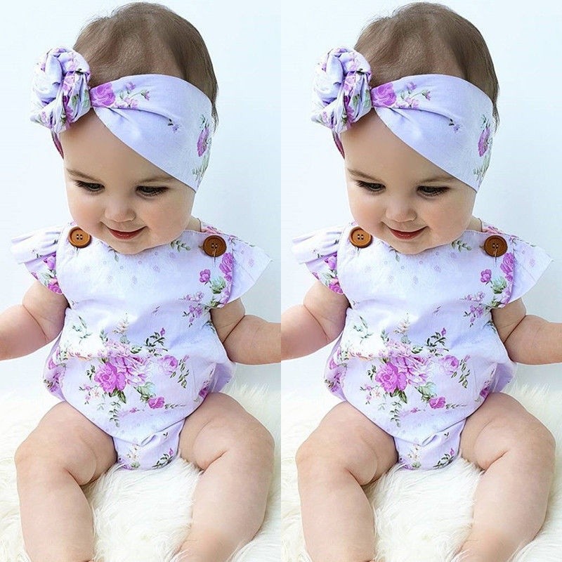 Bộ Áo Liền Quần In Hoa Dễ Thương Cho Bé Gái Sơ Sinh