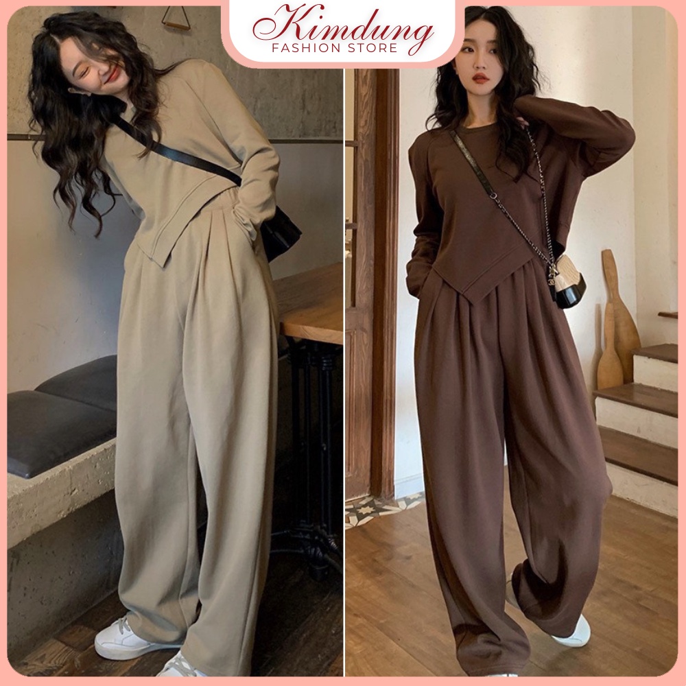 Set đồ nữ - Quần ống rộng và áo thun dài tay lệch tà Chất vải nỉ cotton mềm mịn Thu Đông