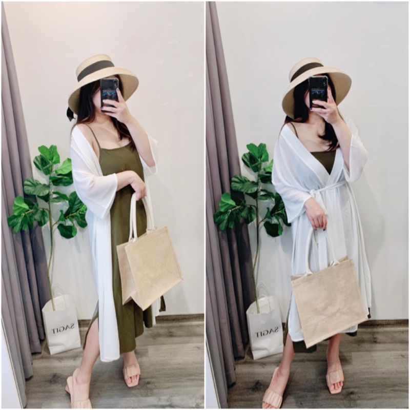 ÁO KHOÁC KIMONO ĐI BIỂN ĐEN TRẮNG DÁNG DÀI RỘNG KÈM ĐAI EO FREESIZE 45-85kg