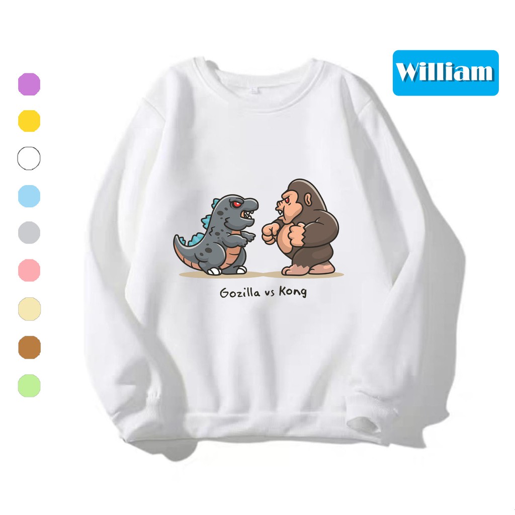 Áo sweater nam nữ in hình Gozilla và Kong dễ thương, chất nỉ dày dặn, hợp làm áo cặp William - DS153