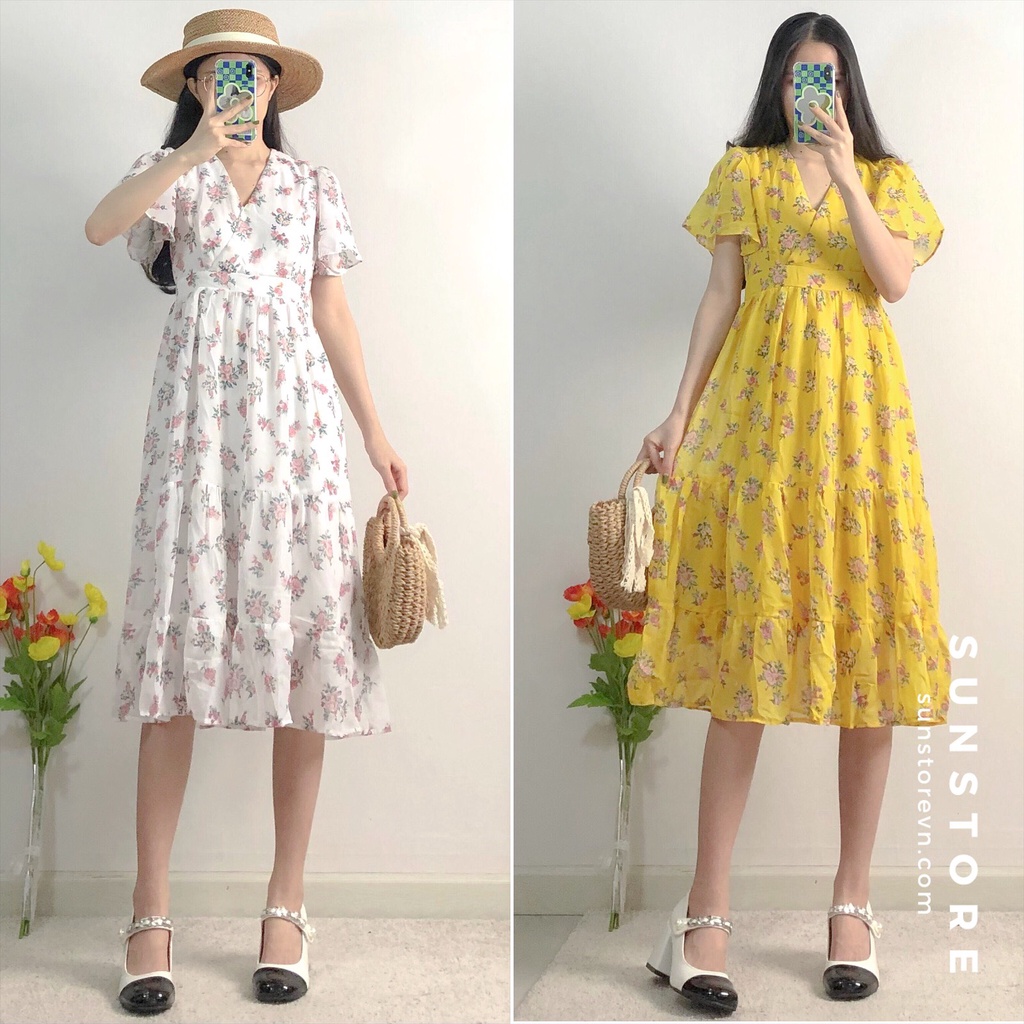 Đầm hoa nhí dáng dài midi váy xoè vintage tay ngắn bo chun eo 2 màu vàng trắng