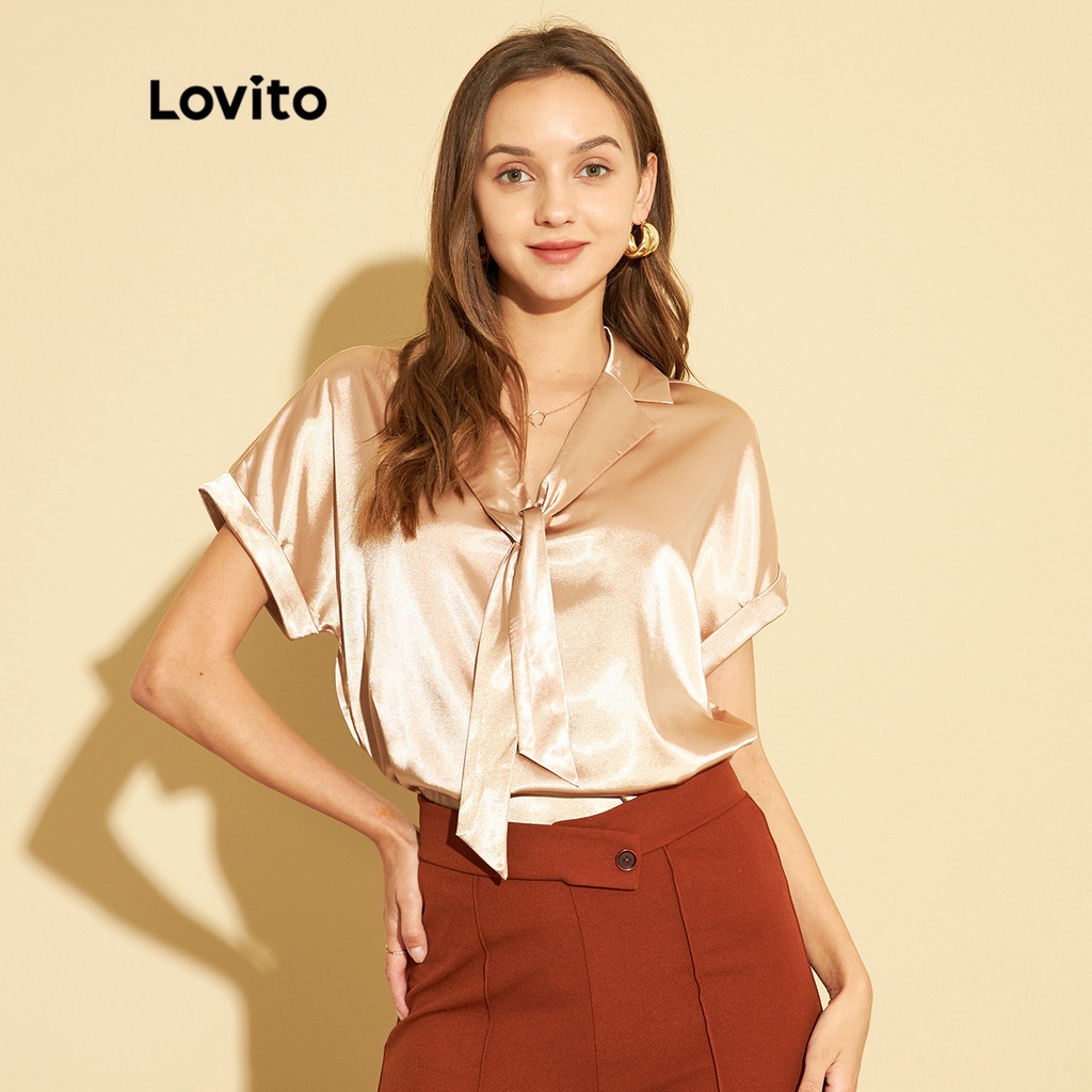Áo Lovito màu trơn cổ áo satin kết cấu phong cách thanh lịch L25ED074 (màu nâu)