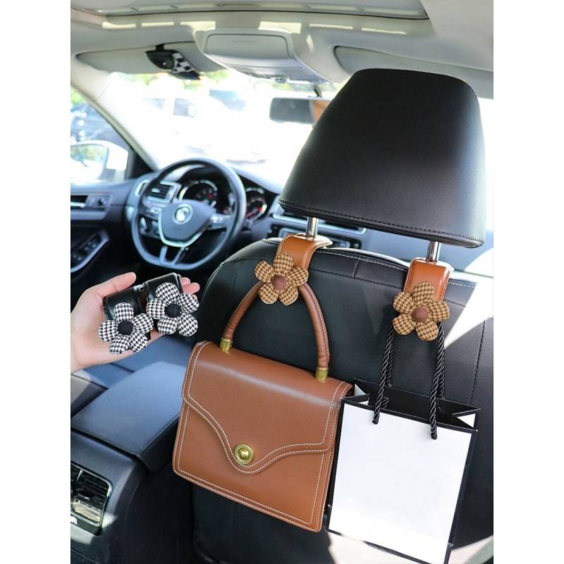 Móc da chịu lực cao cấp họa tiết ins houndstooth dễ thương vô hình gắn lưng ghế xe lưu trữ phía sau id44