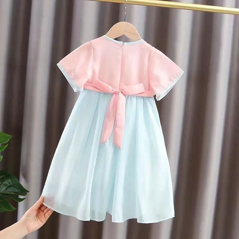 Spot Girls Váy Hanfu cho trẻ em Mùa hè mỏng tay ngắn Tang Phù hợp với phong cách Trung Quốc Siêu cổ tích Váy cổ yếm Cô gái nhỏ Váy voan công chúa 90-150 Yards