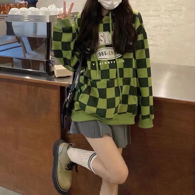 Áo hoodie tay dài form rộng kẻ caro phong cách retro