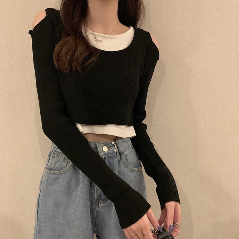 【77】 Áo thun tay dài giả hai lớp phong cách phương tây thời trang xuân thu Hàn Quốc mới cho nữ 2021