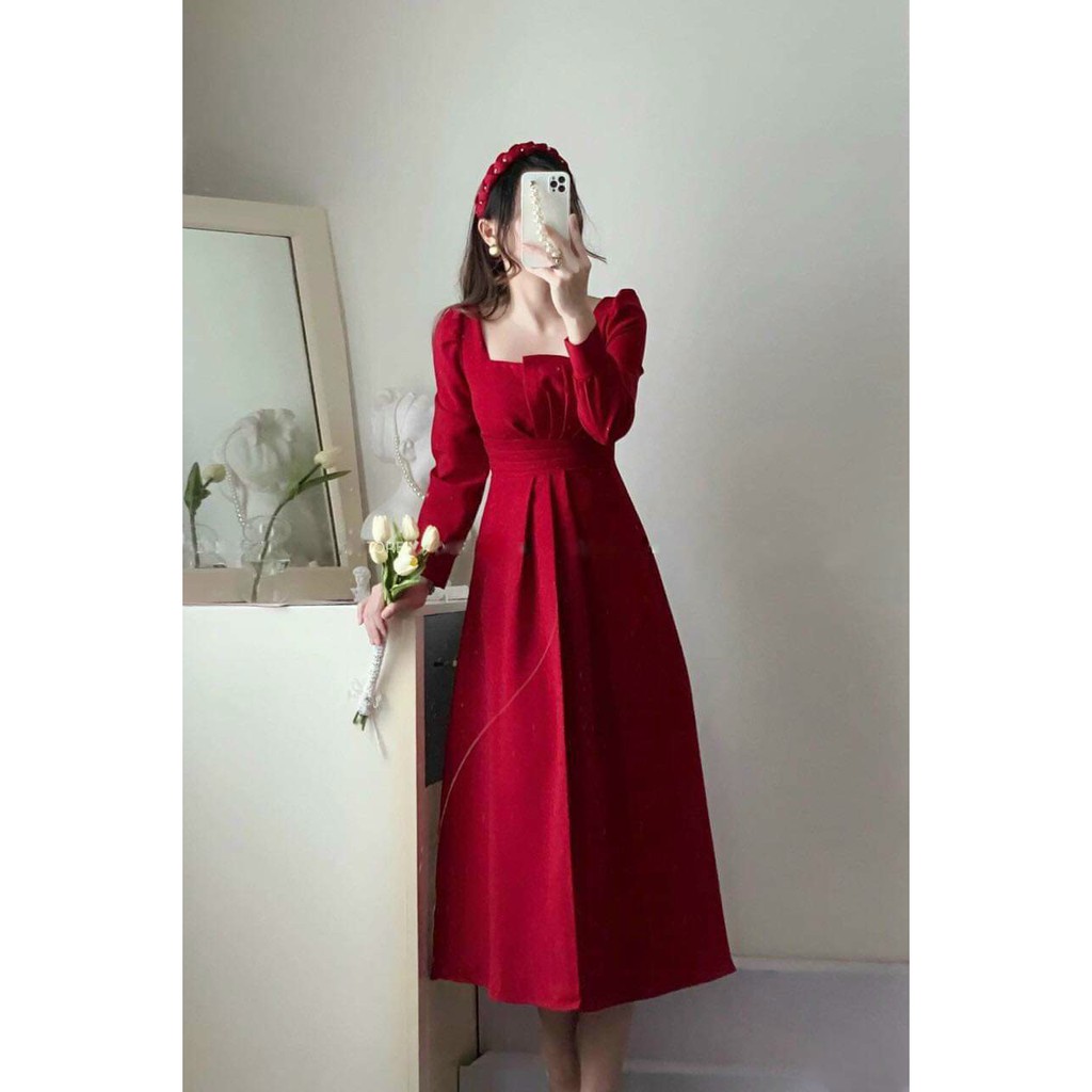 Đầm thiết kế dự tiệc midi tay dài - váy trắng nude đỏ | BigBuy360 - bigbuy360.vn