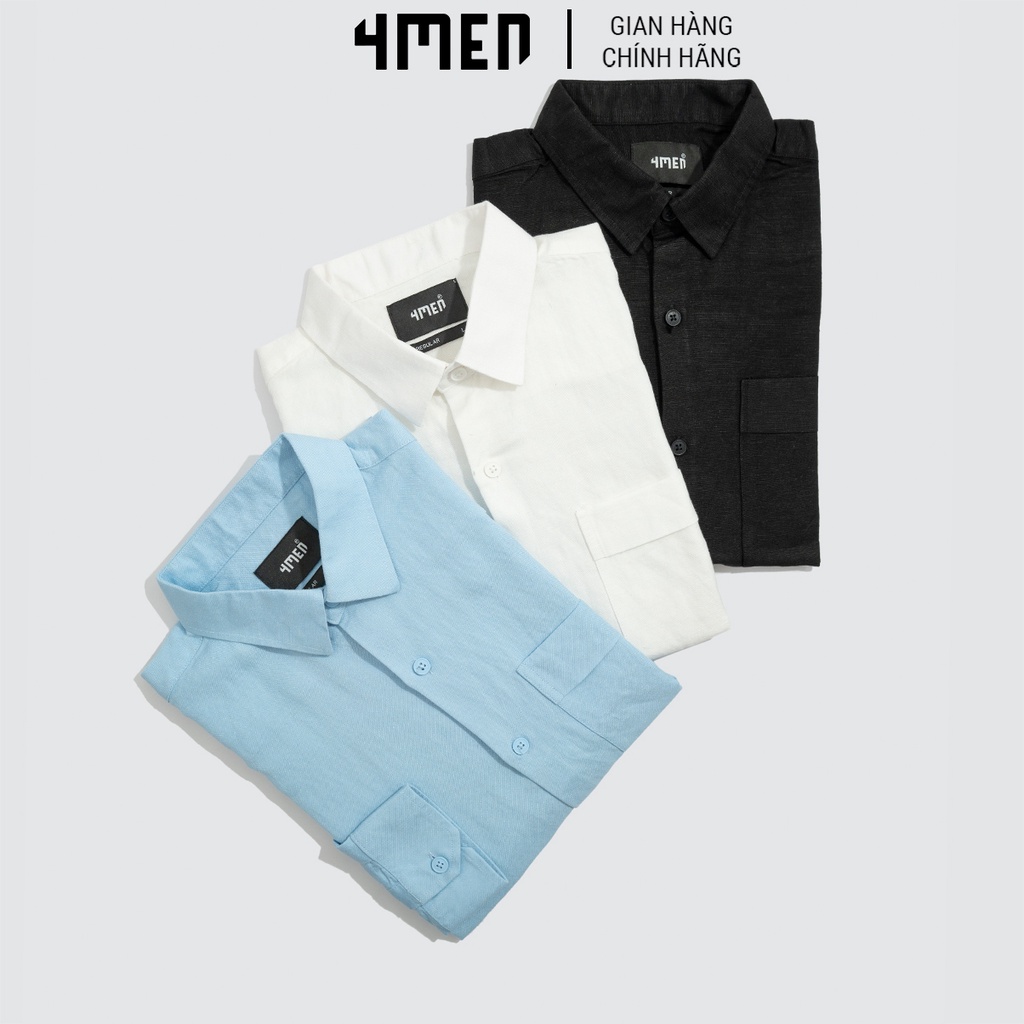 Áo sơ mi nam linen trơn đẹp 4MEN SM069 tay dài có túi form suông regular, vải linen cotton cao cấp thoáng mát | BigBuy360 - bigbuy360.vn