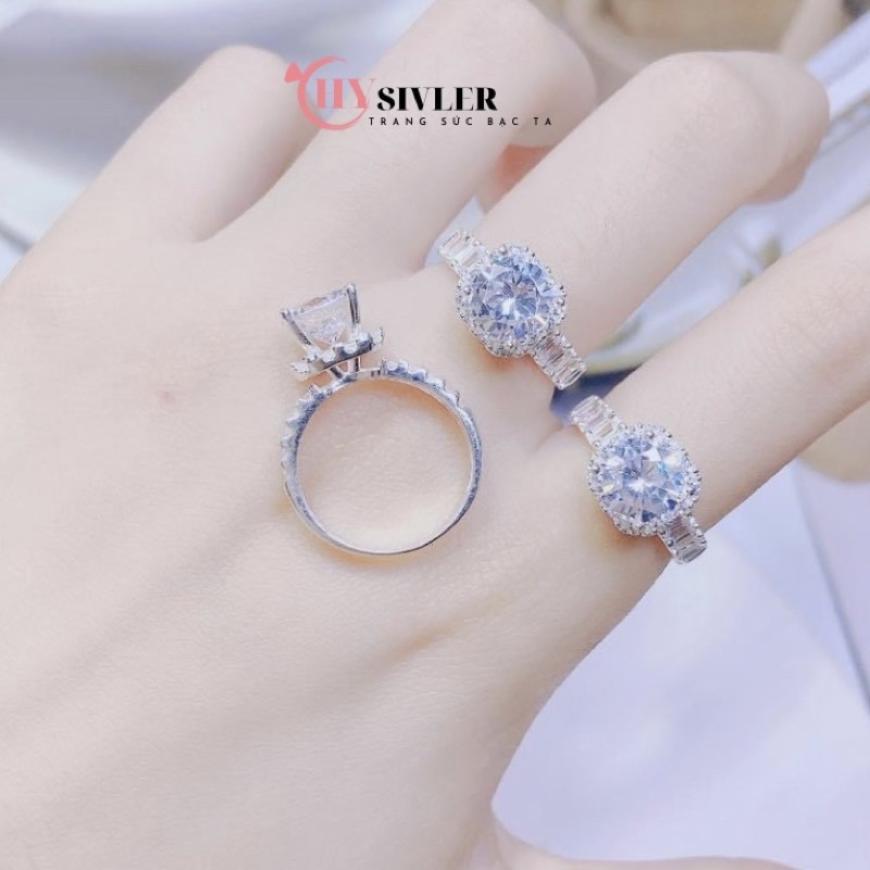 Nhẫn bạc ta nạm đá vuông đá cao dày dặn đá chủ 8 ly nhẫn nữ bạc thật