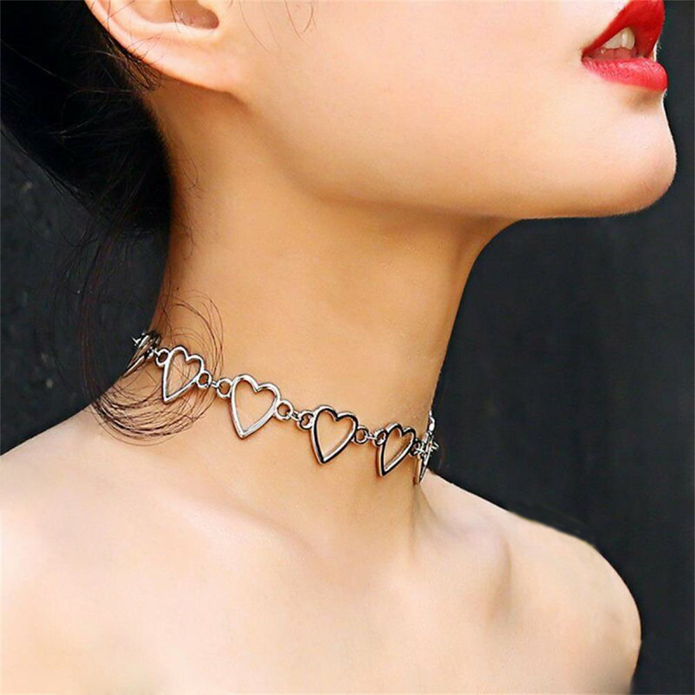 Vòng Cổ Choker Bằng Thép Không Gỉ Màu Vàng / Bạc Mặt Trái Tim Rỗng Phong Cách Punk Thời Trang Cho Nam Nữ