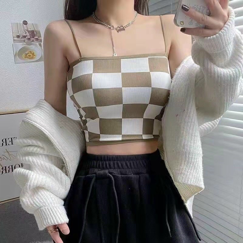 Áo 2s hai dây cotton tăm kẻ caro croptop hàng QC