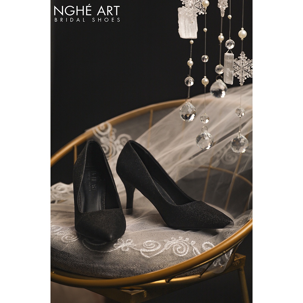 Giày cưới Nghé Art cao gót kim tuyến đen 357