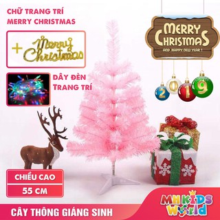 Cây thông mini cây thông để bàn cao 55cm màu hồng tặng kèm chữ Merry Christmas và thiệp