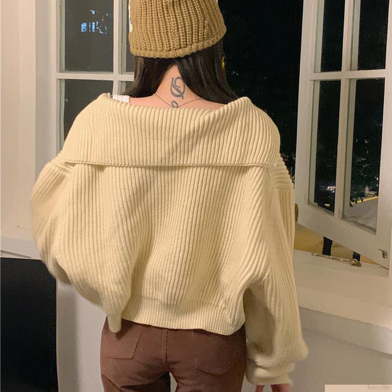Áo Croptop Dệt Kim Tay Dài Cổ Chữ V Dáng Rộng Thời Trang Thu Đông Cho Nữ