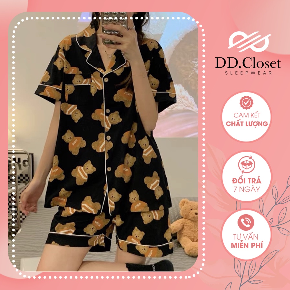 Bộ đồ ngủ pijama nữ cộc tay quần đùi chất lụa Kate Thái mềm mịn màu đen họa tiết gấu nâu đáng yêu - CD0031