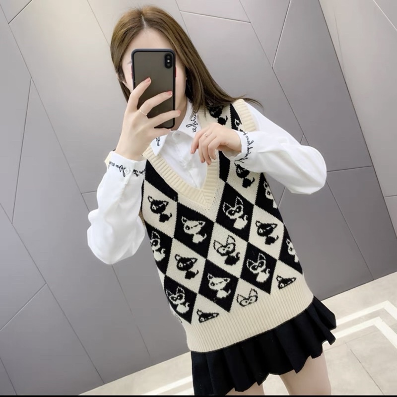 ÁO len nữ, áo gile họa tiết quả trám _Len ghi lê Áo Dệt Kim Không Tay Cổ Chữ V Phong Cách Retro Hàn Quốc | BigBuy360 - bigbuy360.vn