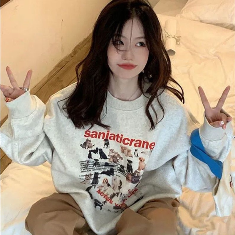 Áo sweater COZOK tay dài cổ tròn dáng rộng in họa tiết hoạt hình dễ thương