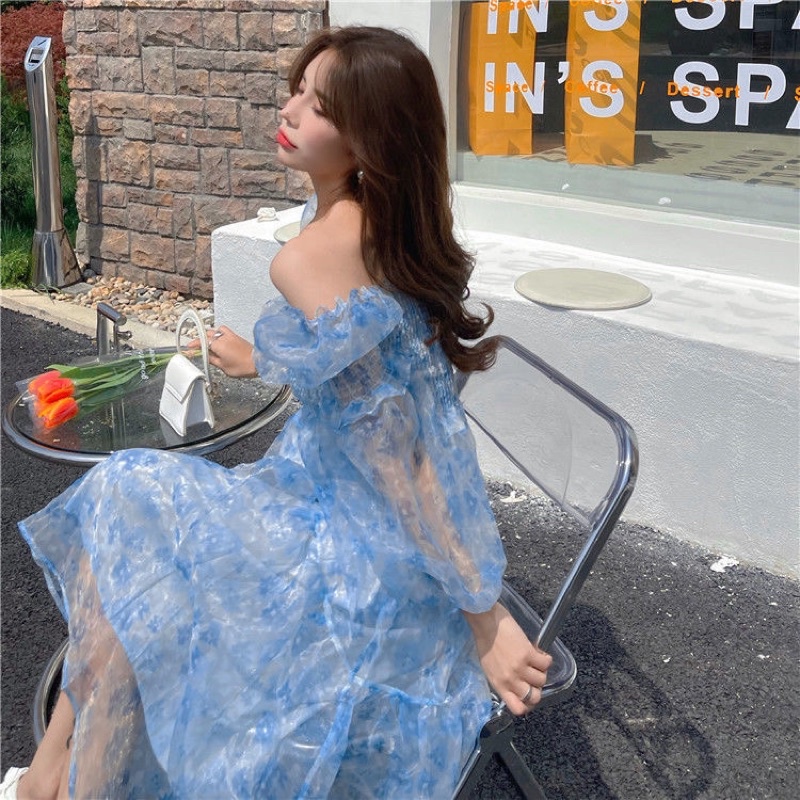 Váy trễ vai  voan hoa nhí dáng dài Ulzzang