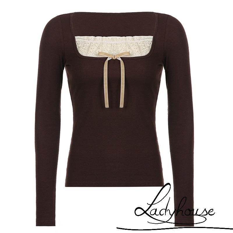 Áo Dệt Kim Tay Dài Phối Ren Đính Nơ Thời Trang Dành Cho Nữ