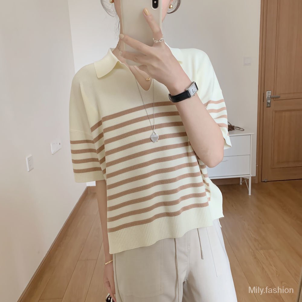 Áo Thun Polo Tay Ngắn Dáng Rộng Họa Tiết Kẻ Sọc Cổ Điển Thời Trang Mùa Hè Cho Nữ T Xg96