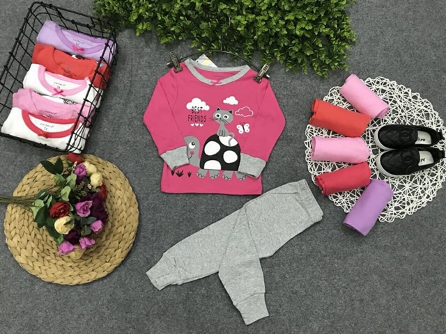 Bộ cotton len dài tay hồng đậm bé gái 7-22 kg ( hình thật )