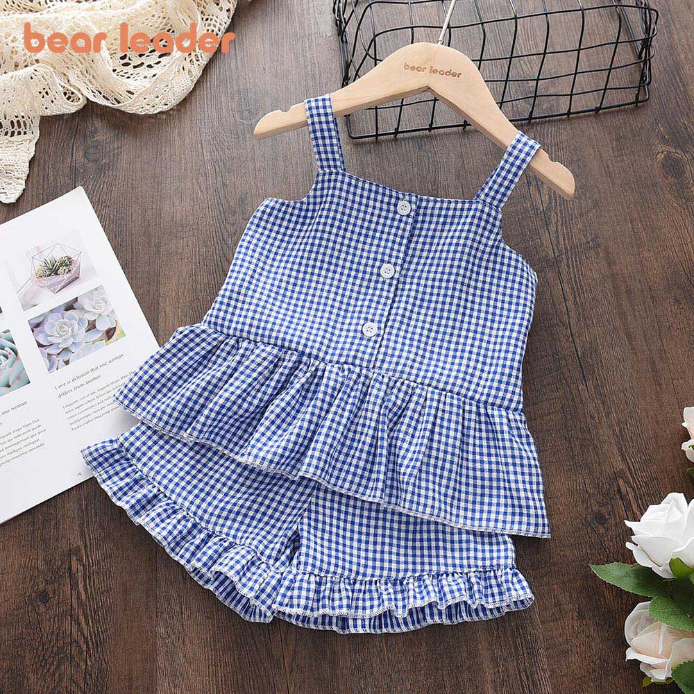 Set đồ BEAR LEADER gồm áo kiểu hai dây và quần kẻ sọc caro thời trang mùa hè 2022 cho bé gái 2-6 tuổi