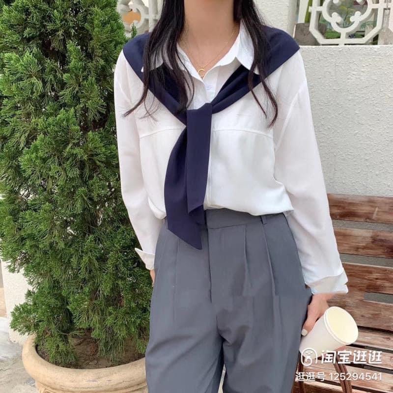Áo sơmi dài tay phối khăn phong cách Hàn Quốc