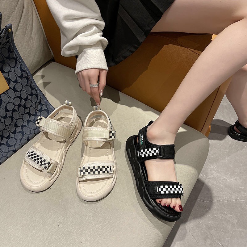 Sandal nữ học sinh kẻ Caro cực xinh xắn 2 màu đế độn êm