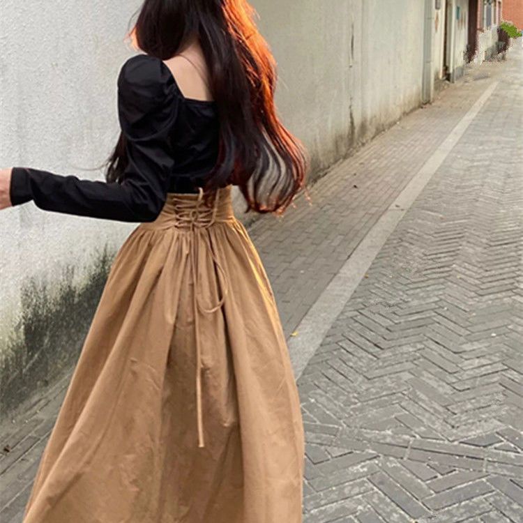 Áo Thun Tay Phồng Cổ Vuông + Chân Váy Lưng Cao Thời Trang Hàn Quốc Cho Nữ