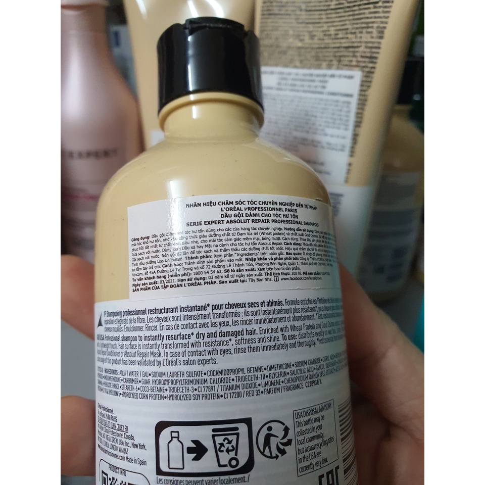Combo gội xả Loreal Professionnel phục hồi tóc hư tổn Serie Expert Absolut Repair Gold 300ml-200ml
