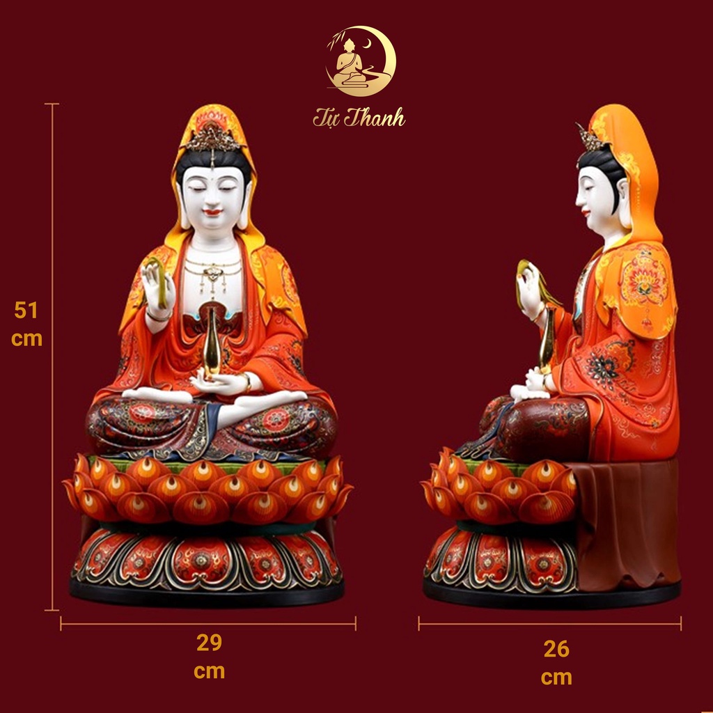 Tượng Quán Âm Tự Tại vẽ gấm mạ vàng gốm Tử Sa cao cấp - TỰ THANH QUÁN