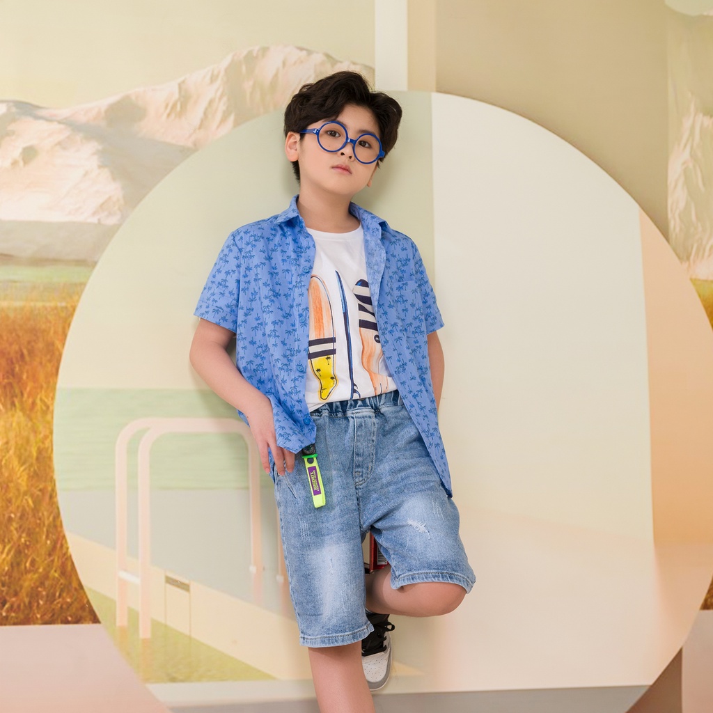 Áo sơ mi JOOKYLI bé trai màu xanh họa tiết 16B0551