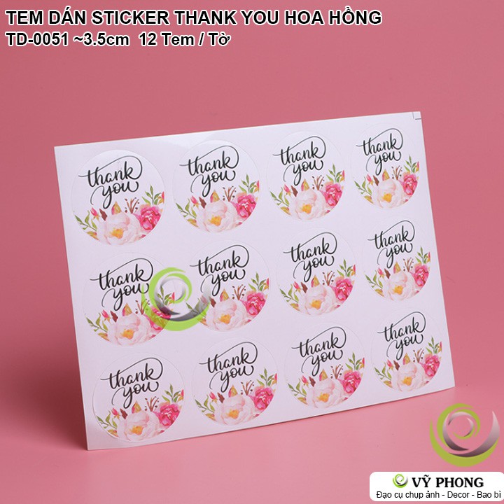 TEM DÁN STICKER NHÃN DÁN THANK YOU HỌA TIẾT HOA HỒNG TRANG TRÍ NIÊM PHONG BAO BÌ HỘP QUÀ BÁNH KẸO TD-0051