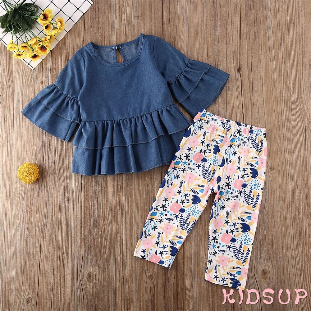 Set đồ áo denim + quần legging hoa xinh xắn cho bé gái