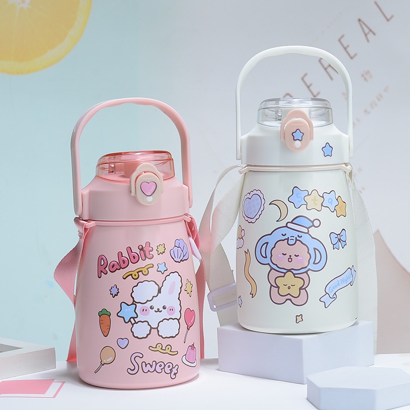 Bình nước giữ nhiệt cao cấp 850ml có dây đeo và ống hút - tặng kèm sticker dễ thương (B850)