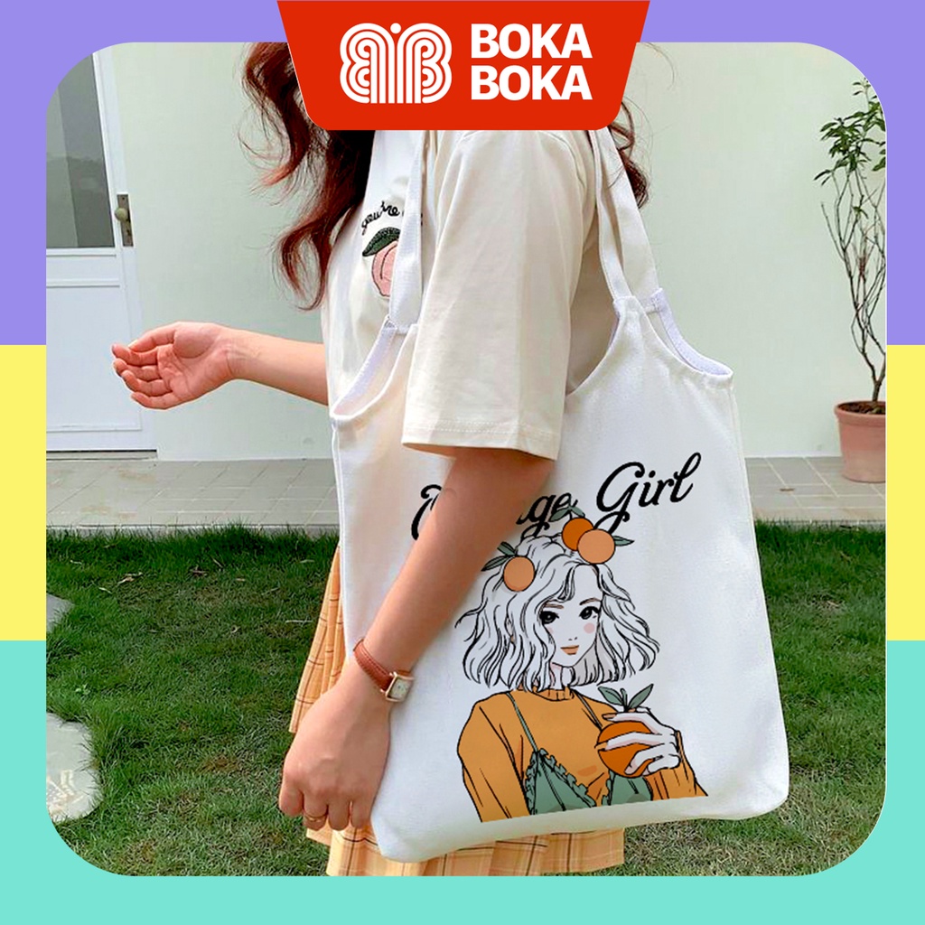 Túi tote túi vải canvas xách vai nữ Orange Girl thời trang phong cách Hàn Quốc đi học giá rẻ có khóa kéo