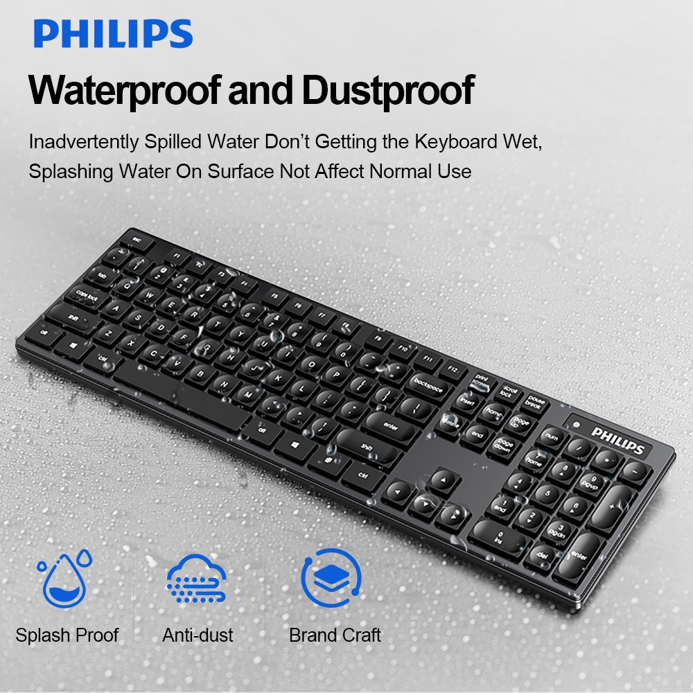 Combo bàn phím và chuột không dây PHILIPS SPT6315 không phát âm thanh khi gõ chống thấm nước - Dùng PC, Laptop, Tivi