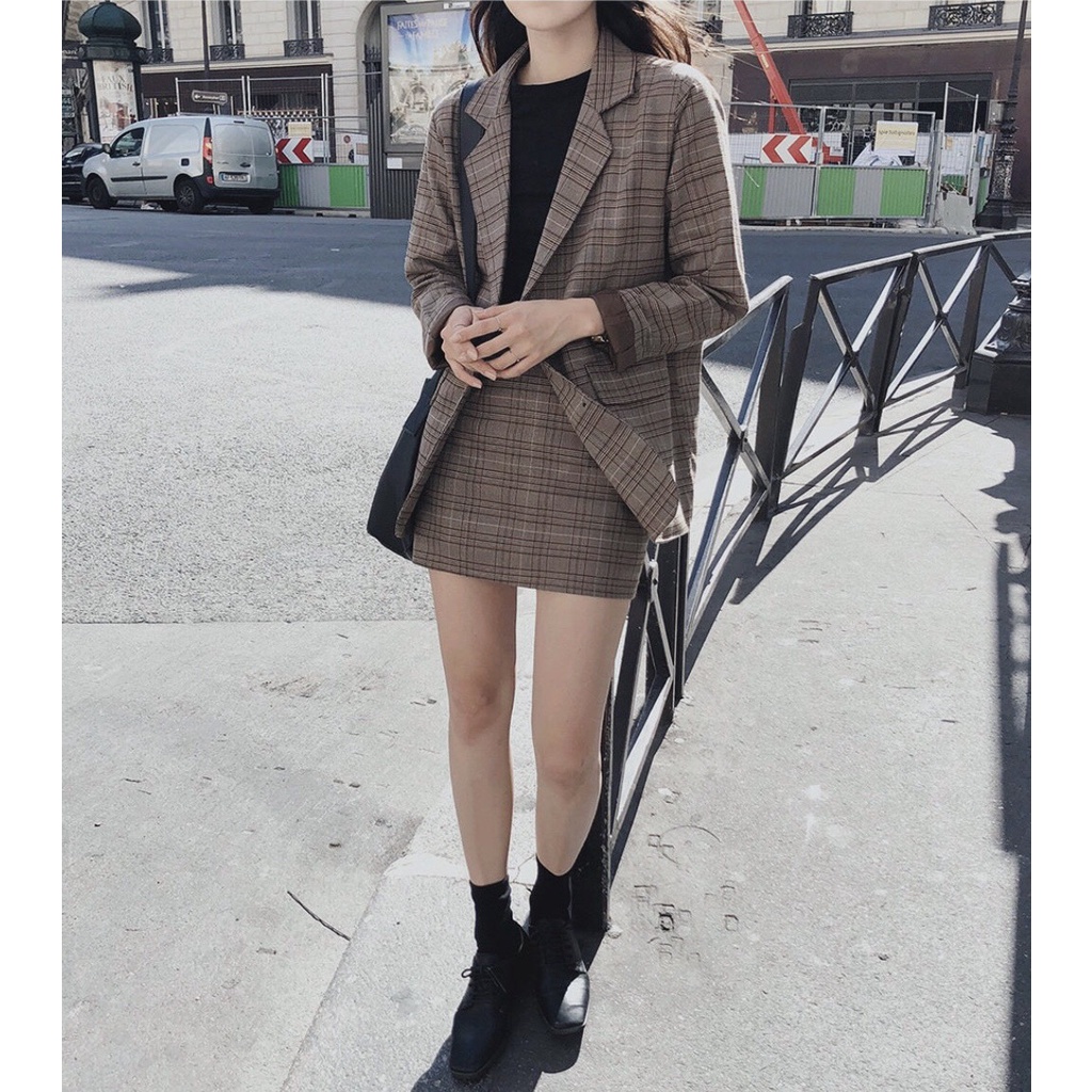 [Ảnh thật] Áo blazer kẻ caro 2 lớp túi nắp phong cách Hàn Quốc - Áo vest caro dáng rộng ulzzang