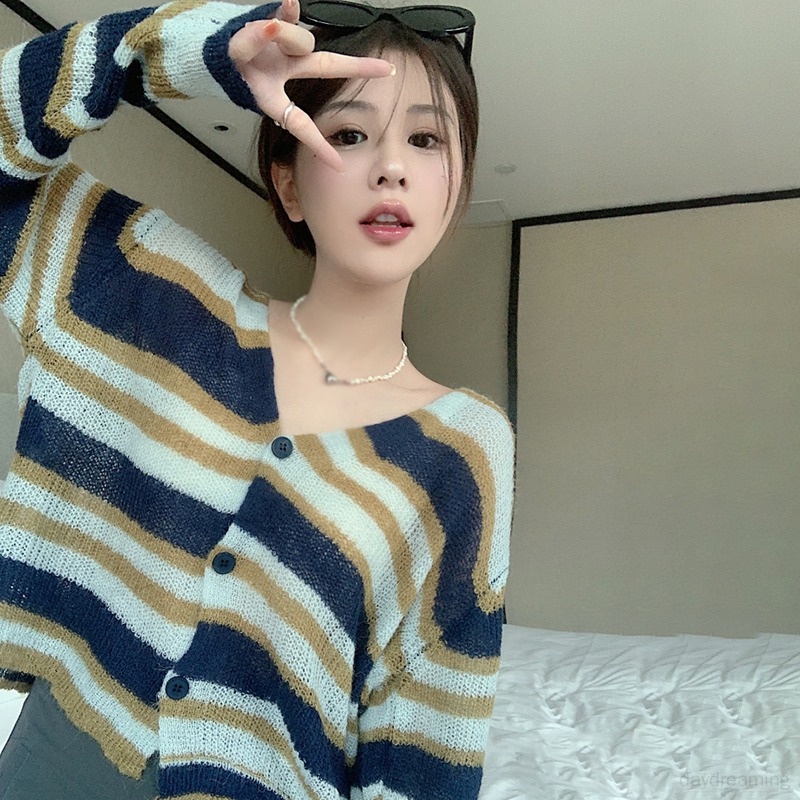 Áo Khoác Cardigan Dệt Kim Tay Dài Họa Tiết Kẻ Sọc Thời Trang Cho Nữ