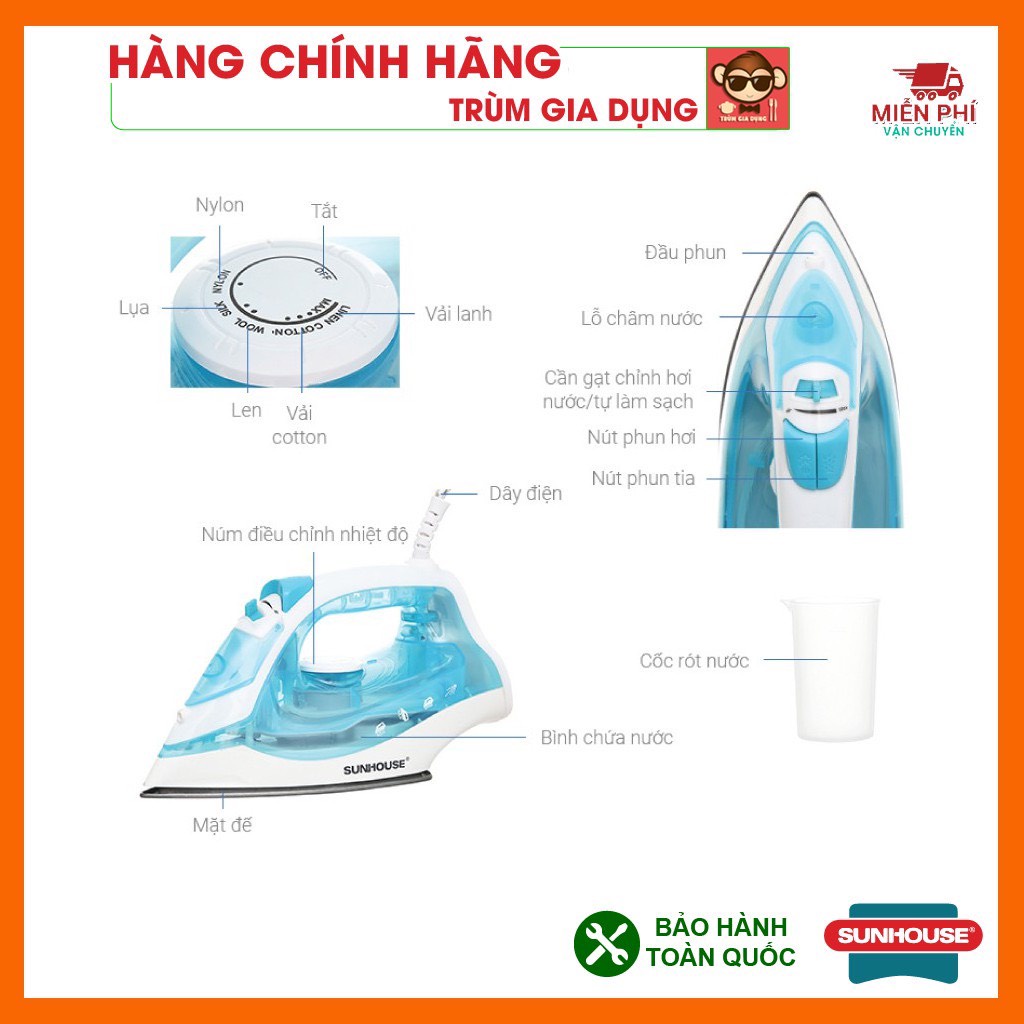 Bàn ủi hơi nước, Bàn là hơi nước Sunhouse SHD2065, công suất 160W siêu đẹp, tiện dụng.