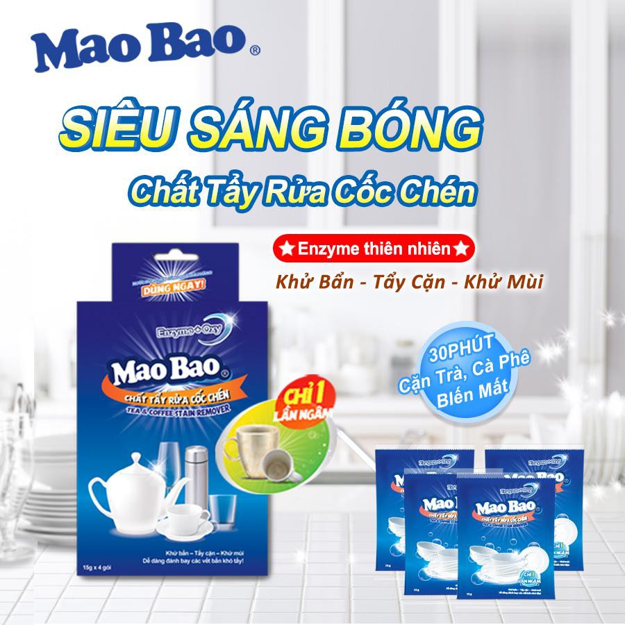 Chất Tẩy Rửa Cốc Chén Mao Bao 15g x4 gói tẩy sạch bóng ố vàng, cặn bẩn, xỉn màu trên ly cốc, an toàn sức khỏe