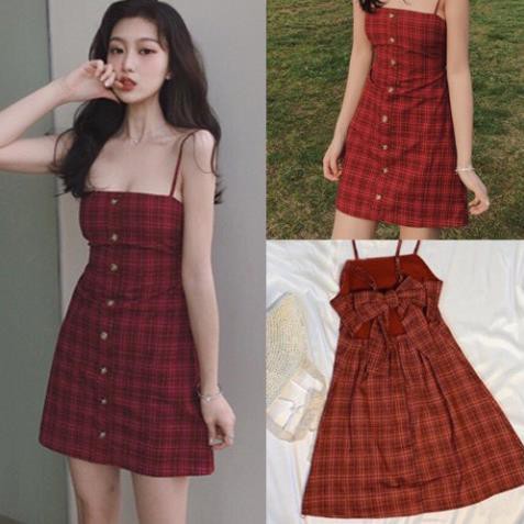 Đầm 2 dây hở lưng kẻ đỏ ❤️FREESHIP❤️ Váy đi biển đẹp New ྇