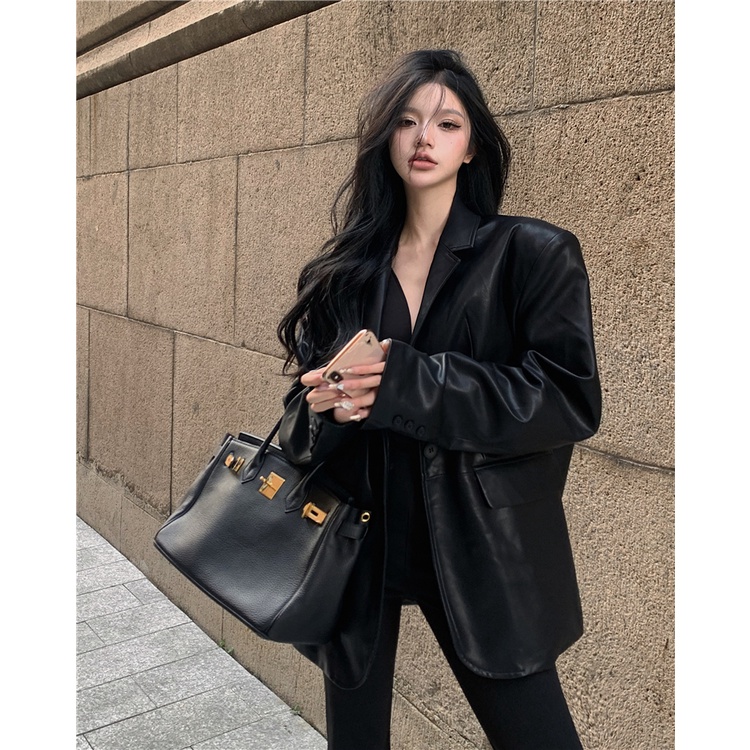 Áo Khoác Blazer Da Dáng Dài Chống Gió Phong Cách Đường Phố Cá Tính Cho Nữ
